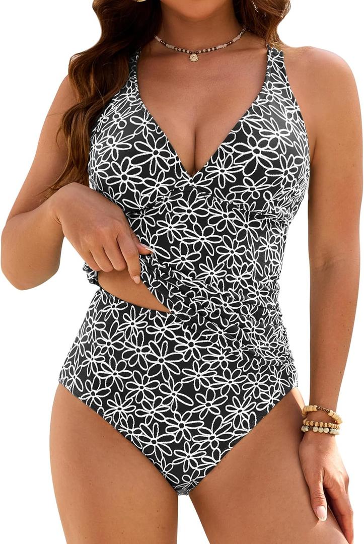 Blooming Jelly Womens Tummy Control Tankini Swimsuits V Neck High Waisted Bathing Suit Embroidery Two Piece Swimwear (Black), XXL