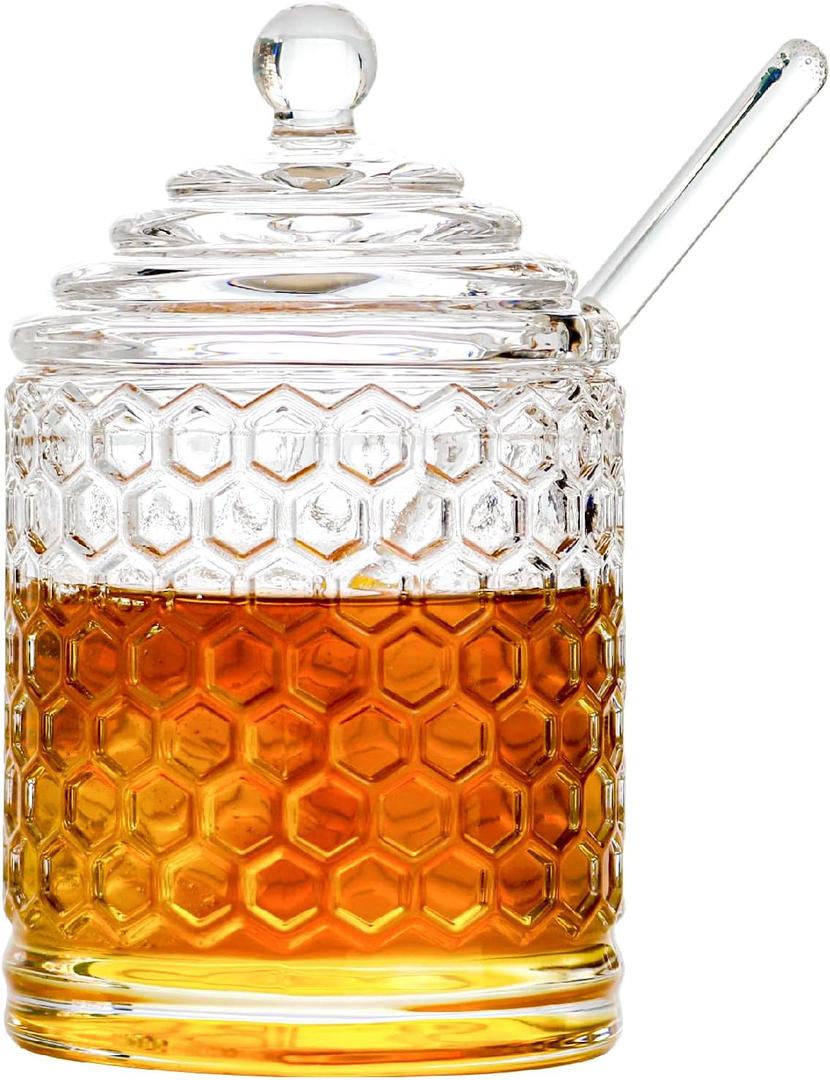 Glass Honey Jar with Lid and Dipper, Honeycomb-Inspired Design Container, Heavy Honey Pot for Home Kitchen (10 oz)