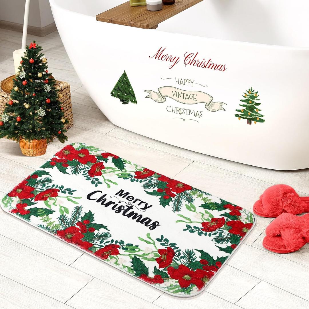 Tinideya Winter Bathroom Rugs 31.5" x 19.7" Winter Bath Mat Non Slip Farmhouse Entrance Welcome Door Mats Holiday Bathroom Decorations for Home Indoors Kitchen(Poinsettia)