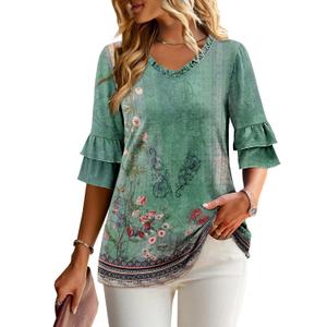 Angerella Tops for Women Trendy Fashion 3/4 Sleeve T-Shirts Cute V Neck Tunic Top Basic Business Tees Floral Blouses Green L (Green, L)