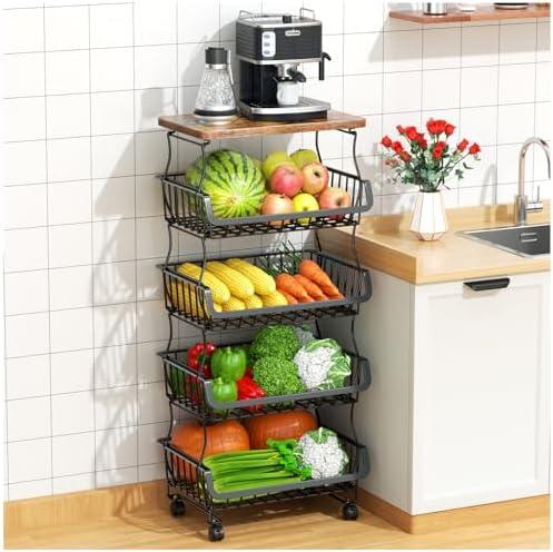 Gsiekare Fruit Vegetable Basket for Kitchen, 5 Tier Stackable Fruit Vegetable Storage Baskets with Wheels, Metal Wire Storage Basket Organizer Baskets for Kitchen, Pantry, Bathroom, Black 