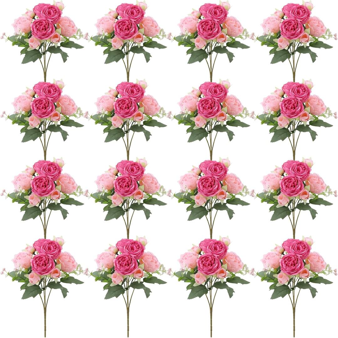 16 Pack Pink,Hot Pink Peonies Artificial Flowers,Fake Silk Hydrangea Bouquet for Bridal Wedding Home Table Decor Reusable Dining Opening Ceremony Birthday Arrangement Faux Floral