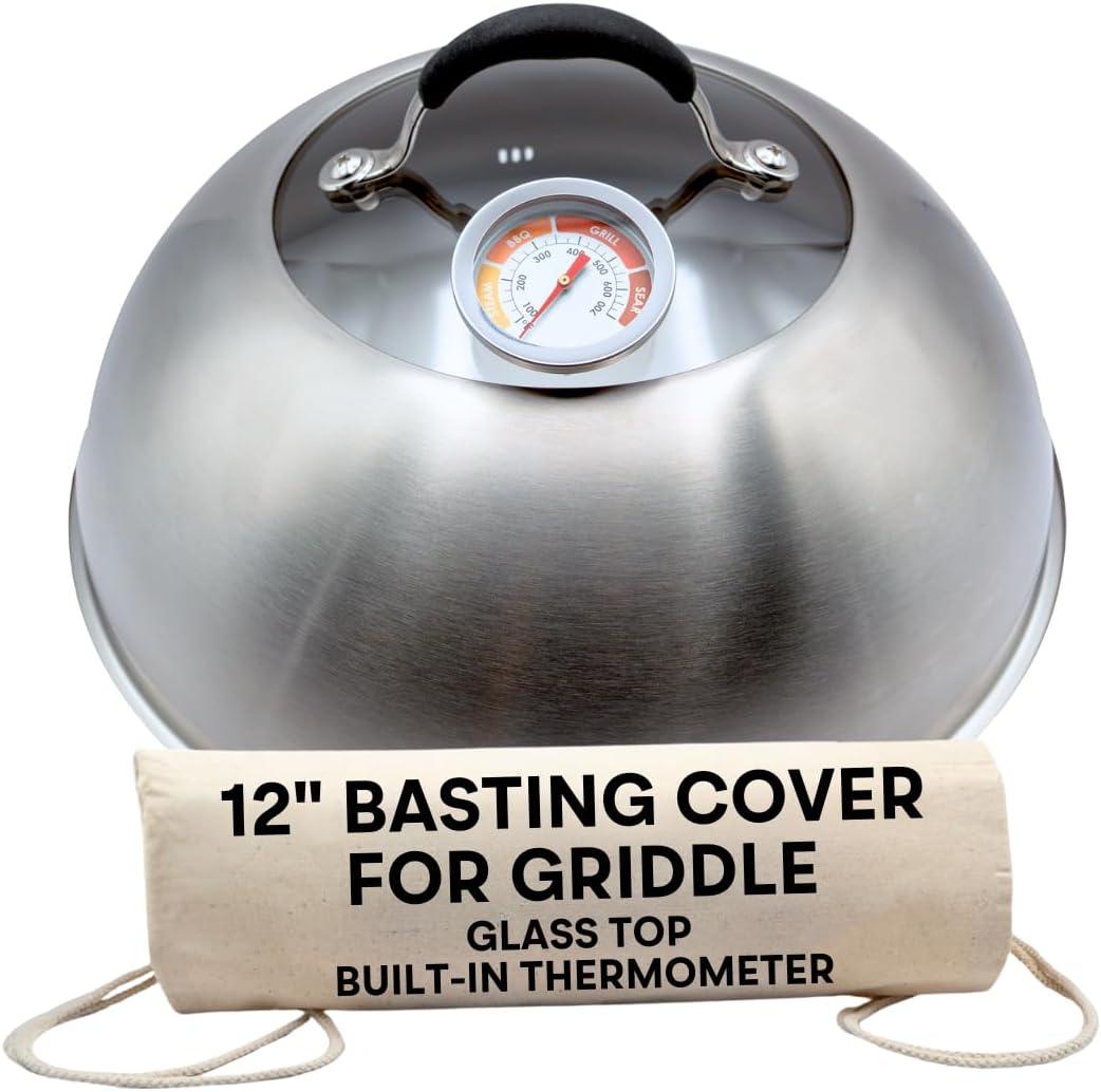Basting Cover for Griddle with Thermometer and Glass Top, 12-Inch Stainless Steel Melting Dome with Steam Vent for BBQ and Grilling on Flat Top, Blackstone Griddle Accessories