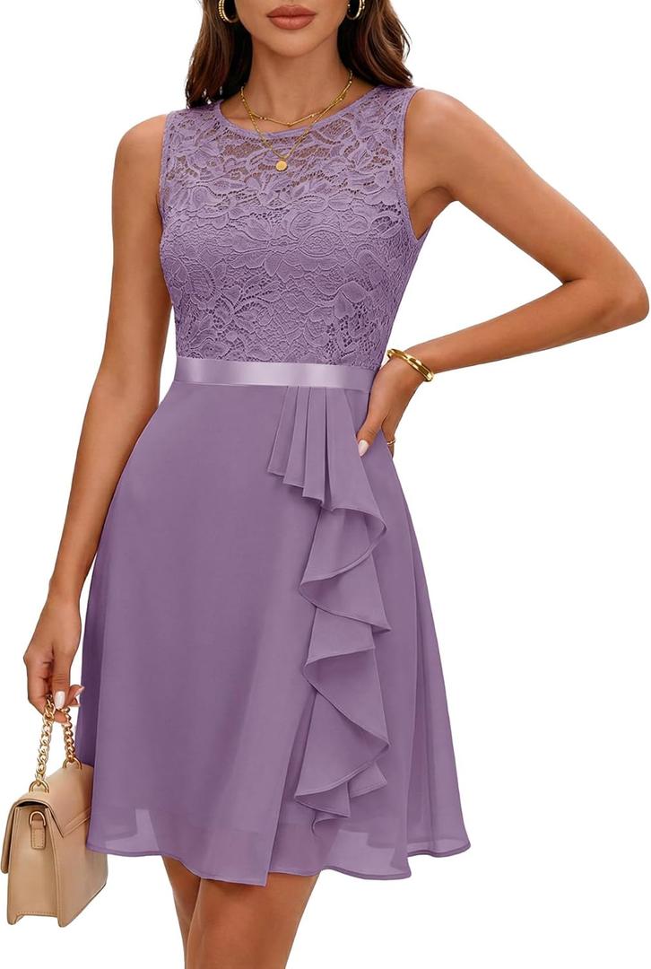 BeryLove Formal Cocktail Dresses Bridesmaid Wedding Guest Short Prom Dress Ruffle Hem Sleeveless Homecoming Lace Gowns (Medium, Purple)