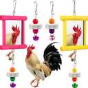 Sumind 2 Pieces Chicken Mirror Toys Hanging Swing Mirror with Bell Wooden Pecking Toy and 4 Pieces Beak Grinding Molar Stones for Hens Birds Parrots (Rose Red,Yellow)