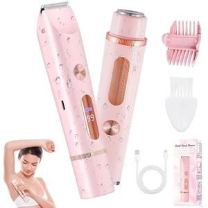 2 in 1 Bikini Trimmer for Women, Dual Head Electric Shaver with LED Display, IPX7 Waterproof Body Pubic Hair Trimmer Rechargeable Womens Electric Razor for Armpit Leg Body Facial Wet & Dry Use
