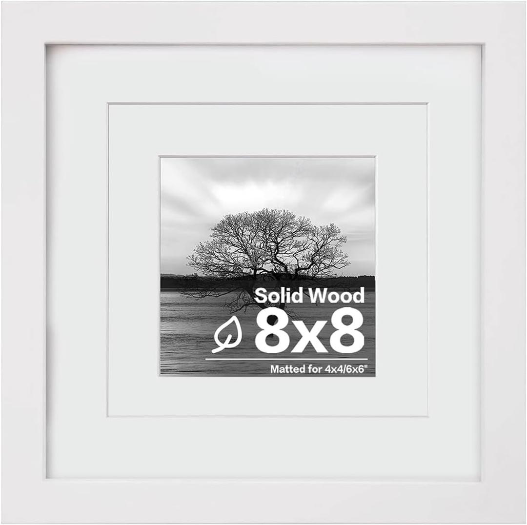 Egofine 8x8 Picture Frame Made of Solid Wood with Plexiglass, Display Pictures 4x4/6x6 with Mat or 8x8 Without Mat for Tabletop and Wall Mounting, White