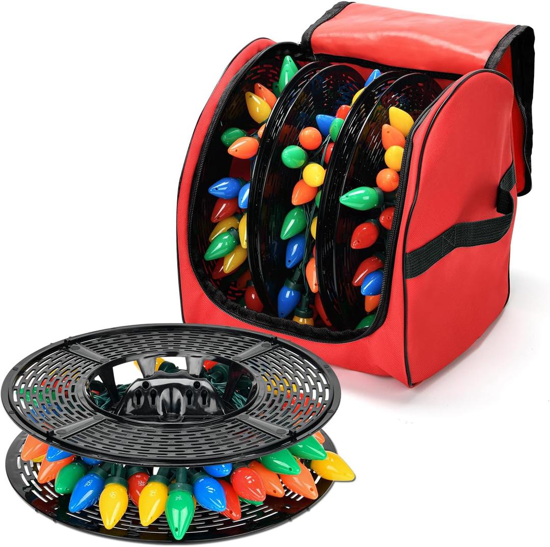 Keten Christmas Light Storage Bag, 600D Oxford Fabric Christmas Light Organizer with Reinforced Handles, 3 Reels Included to Hold 375ft Mini Christmas, Tree Lights & Extension Cords-Red