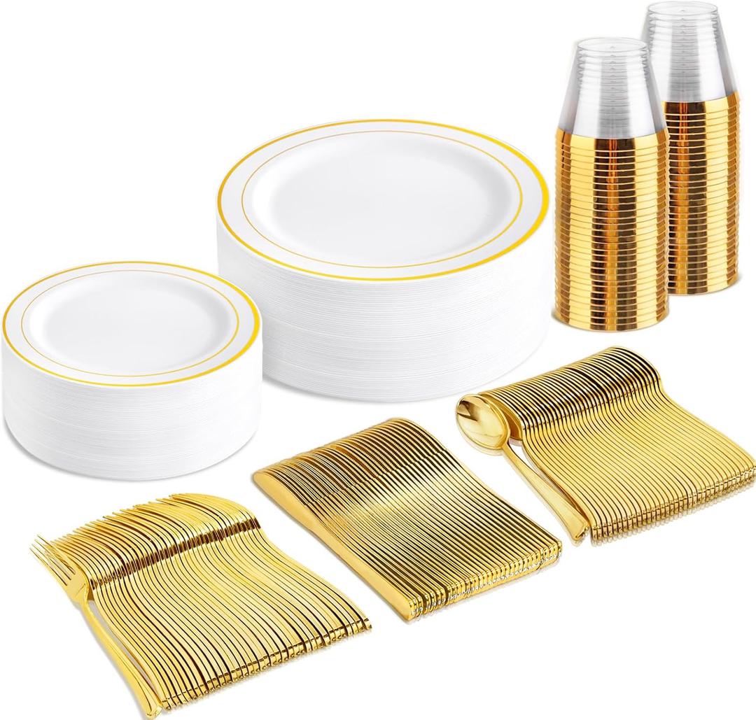 bUCLA 150PCS Gold Plastic Dinnerware Set Disposable - Heavy Duty Gold Plates Include 25 Dinner & 25 Dessert Plates,25 Forks,25 Knives,25 Spoons&25 Cups for Party&Wedding