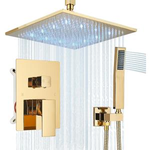 Polished Gold Shower System 12 Inch LED Square Rainfall Shower Head Ceiling Mount Shower Faucet Set with Hand Sprayer Rough-in Valve Trim Kit Bathroom Mixer Shower Combo Set