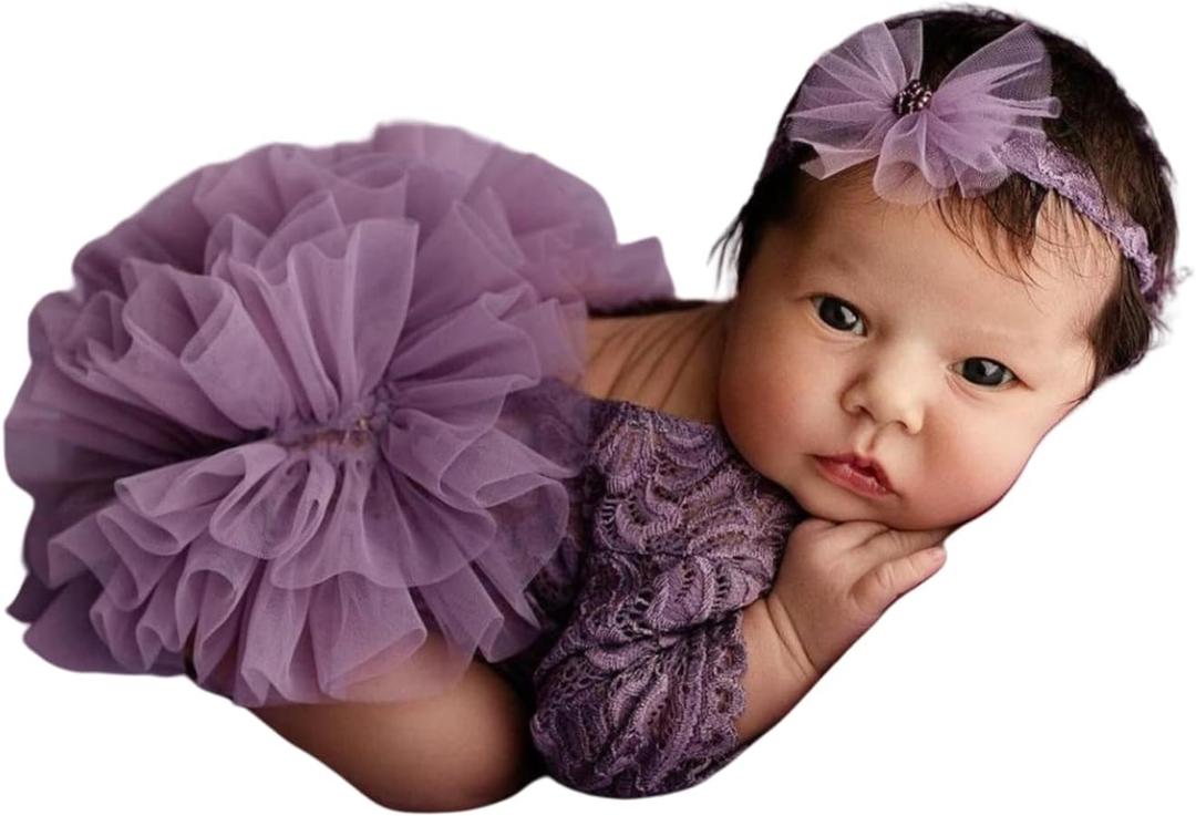 Newborn Photography Outfits Girl, Baby Girl Photoshoot Props, Lace Romper with Headband for 0-3 Months Newborn (Purple)