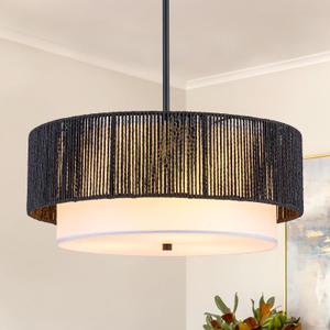 18'' Farmhouse Rattan Chandeliers for Dining Room,3-Light Boho Light Fixtures Rattan Pendant Light Fixture with Fabric Shade Drum Chandeliers for Bedroom Dining Room Foyer Kitchen HallwayBlack
