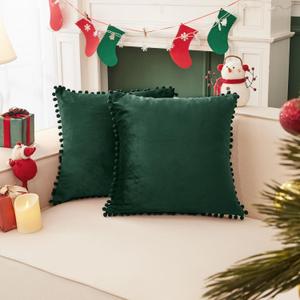 Deconovo Christmas Velvet Throw Pillow Covers, Set of 2, Decorative Pom-poms Soft with Invisible Zipper Cover for Sofa,Dark Green,16x16 Inch
