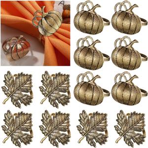 Patelai 12 Pcs Bronze Fall Thanksgiving Napkin Ring Set Including Maple Leaf and Pumpkin Halloween Napkin Rings Vintage Fall Napkins Holders for Autumn Holiday Wedding Supplies Table Settings