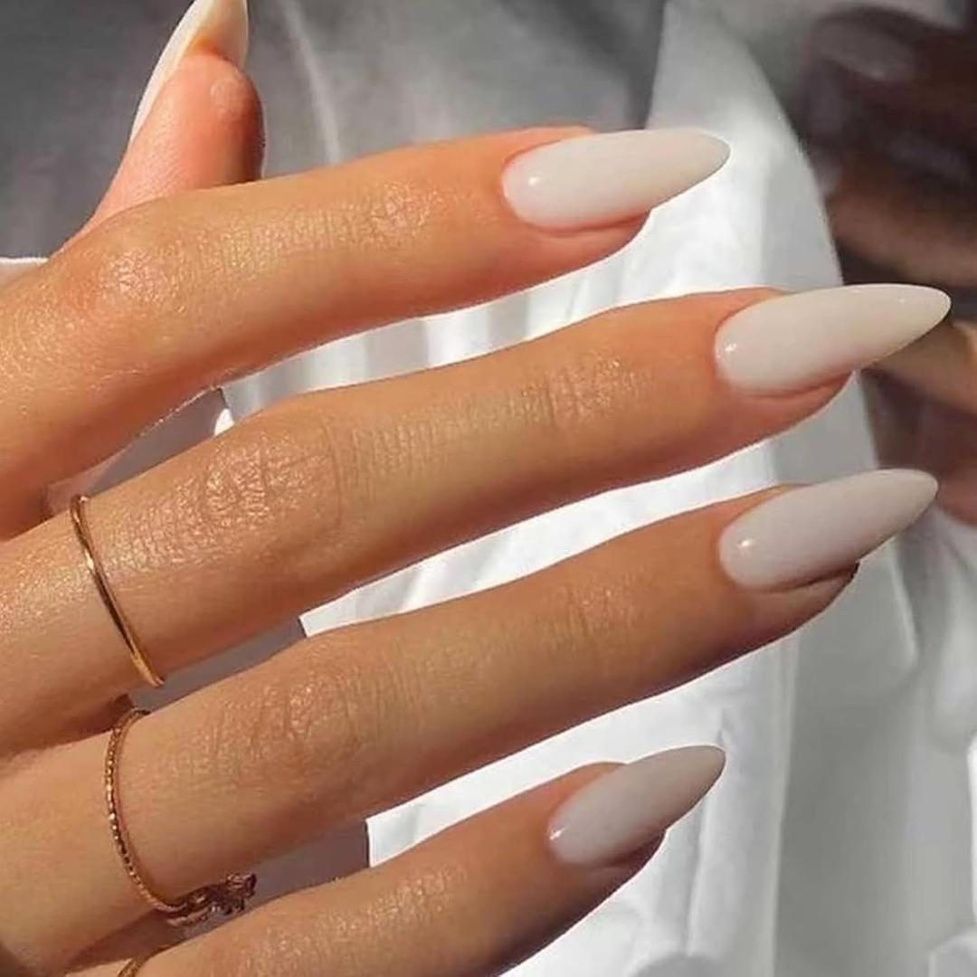 Cream White Press on Nails Medium Almond Fake Nails Solid Color Glossy Acrylic False Nail Glue on Nail for Women
