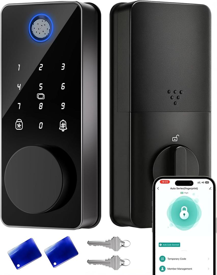 Smart Lock, Fingerprint Keyless Entry Door Lock App Control, Electronic Touchscreen Keypad, Auto Locking, IP54 Weatherproof, Easy Install Digital Deadbolt for Front Door (Glossy Black)