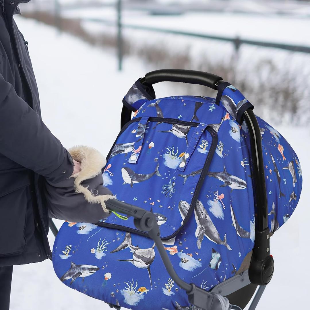 Pea Pod Car Seat Cover Baby, Infant Car Seat Canopy Covers for Newborn with 2 Layers Windows of Breathable Mesh Fabric, Lightweight Polyester/Soft Minky Dot Backing (Ocean) (Single Zipper, Blue)