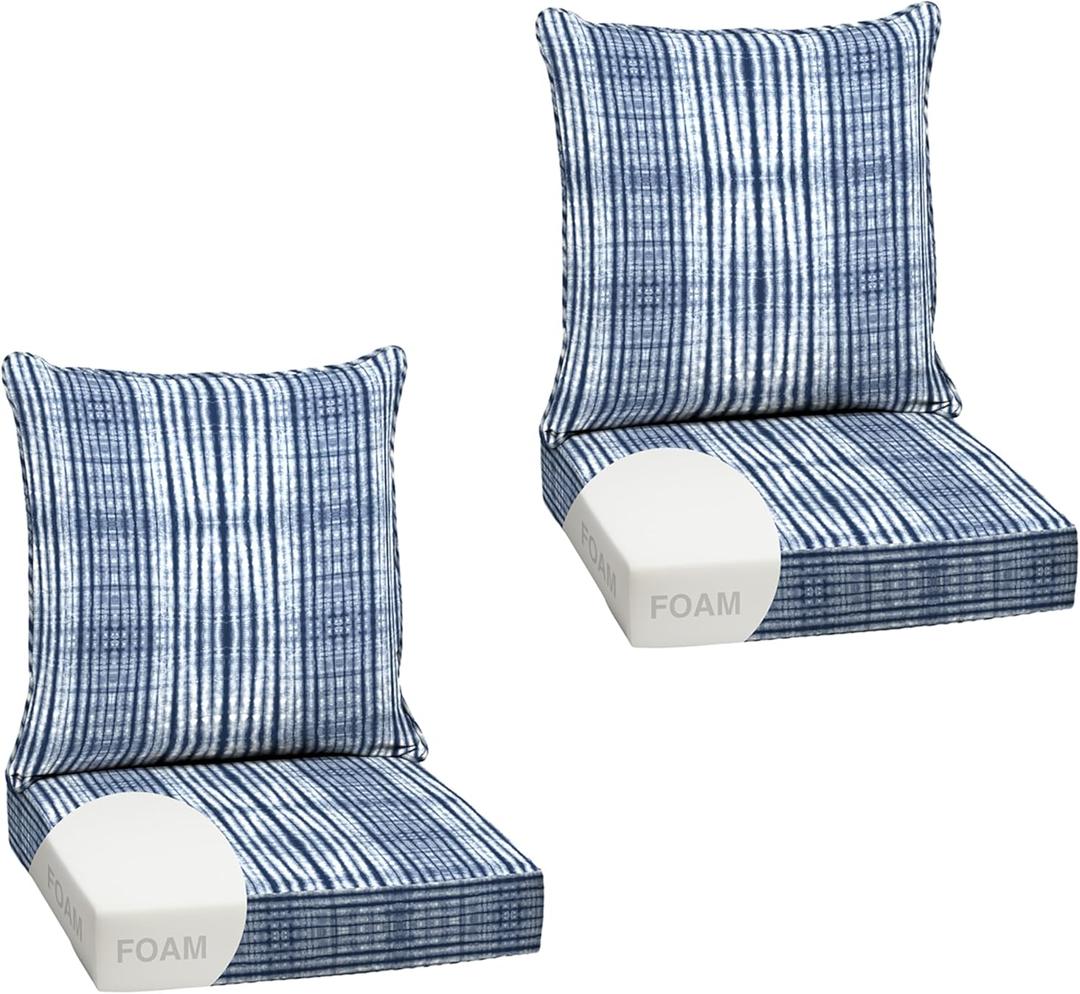 Arden Outdoor Foam Deep Seat Cushion Set (2-Pack), 24x24, Premium High-Density Foam, Never Flattens, Weather-Proof for Patio Chair Sofa Couch, Blue Shibori Stripe