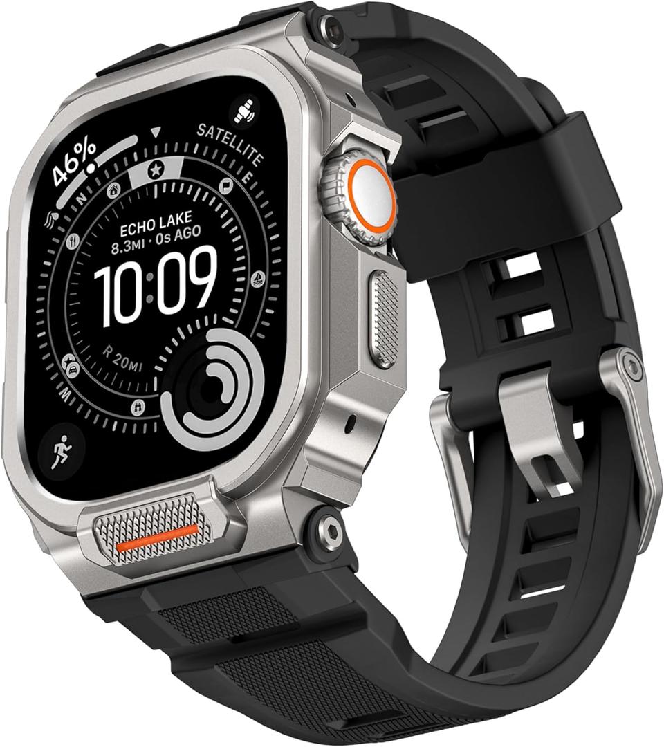 Rugged Metal Band Compatible with Apple Watch Ultra 3/2/1 Band 49mm, Shockproof & Scratch Resistant Bumper with Silicone Sport Band for iWatch (Titanium Black, 49mm - Ultra 3/Ultra 2/Ultra)