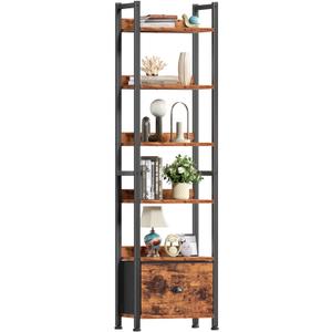 Furologee 6 Tier Bookshelf, Tall Shelf with Drawer, Wood and Metal Bookshelves Storage Organizer, Industrial Display Shelving Unit for Bedroom, Living Room, Home Office, Rustic Brown