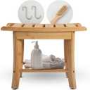 Bamboo Shower Stool Bench Waterproof with Storage Shelf, Includes 2 metal hanging hooks, 1 foot brush. Perfect for Shaving Legs or Spa Bath Seat in Bathroom & Inside Shower for Adults Seniors