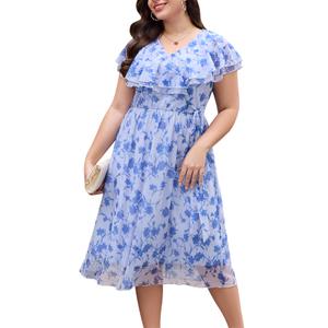 Keluummi Plus Size Summer Party Midi Dresses for Curvy Women, A Line Short Sleeves Chiffon Floral Formal Dresses(20 Plus, 01 - Light Blue Floral) (Blue)