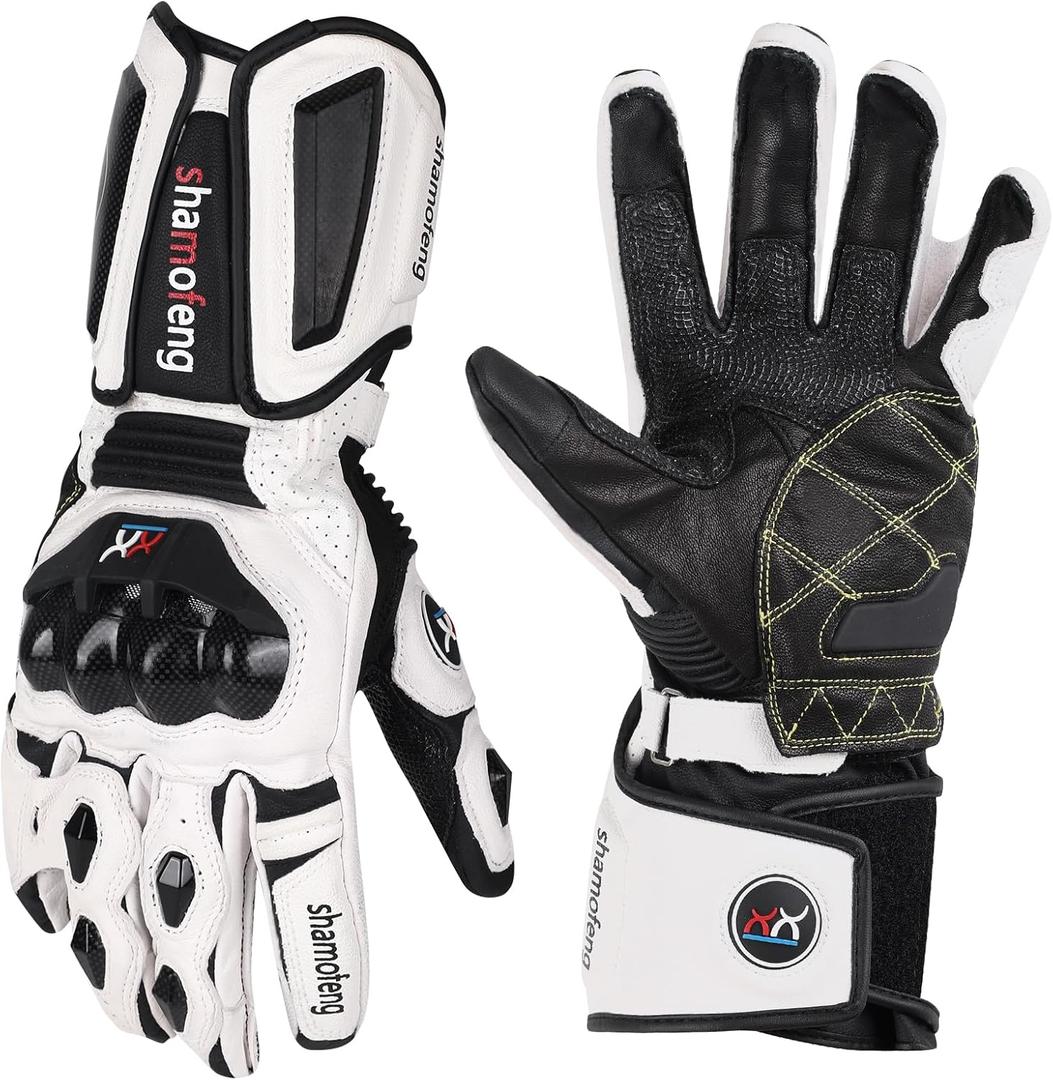 Winter Motorcycle Gloves Leather Warm Riding Gloves Waterproof with Touchscree Carbon Fiber Shell for Motorbike ATV MTB (Medium, white)