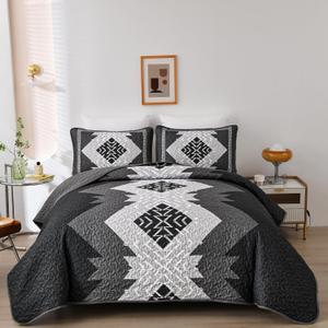 Dintszyayue Boho Quilt Set King Size 3 Pieces Black Grey Aztec Texture Bedspread Coverlet Set Bohemian Quilt Bedding Set Microfiber Lightweight Bed Cover for All Seasons 90"103"