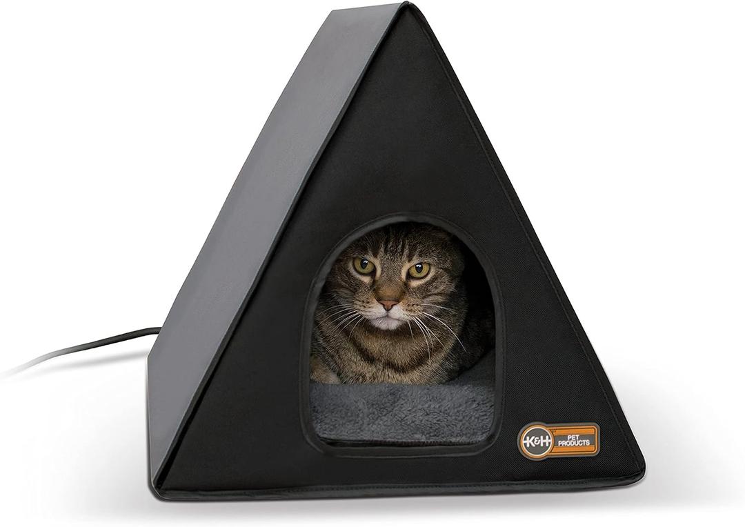 K&H Pet Products Heated Outdoor Cat House A-Frame, Weatherproof Shelter for Strays & Ferals, Safety Listed Insulated Outdoor Kitty House, Removable Door Flap - Gray/Black 18 X 14 X 14in 20W