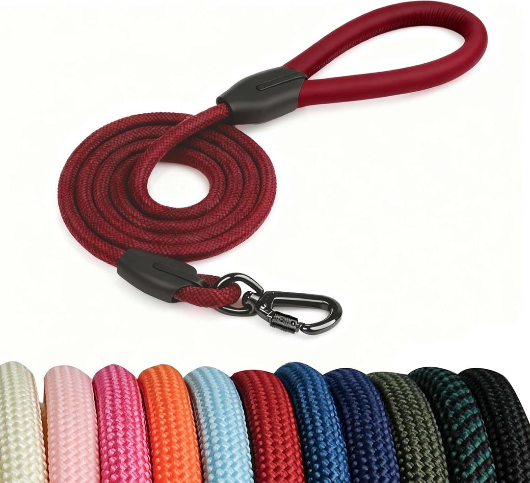 Rope Dog Leash, |Comfortable Leather Handle, Resistant to Dirt and bite | Strong Nylon Pet Lead for Small, Medium, Large Dogs (Red, 5 FEET)
