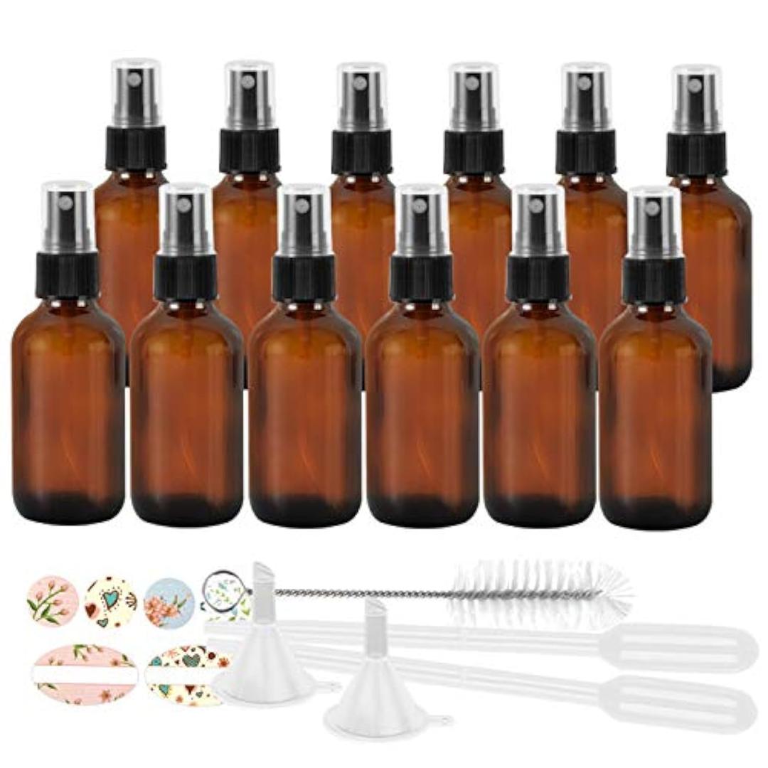 STARSIDE 4 oz Amber Glass Spray Bottles (12 Pack) - Leak Proof Fine Mist Sprayer for Face, Hair, Essential Oils - Includes Funnels, Droppers, Labels & Brush