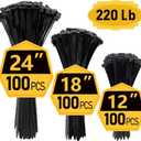 Zip Ties, Zip Ties Heavy Duty, Assorted Sizes (12"+18"+24")-300 Pack, Cable ties, Large Zipties Heavy Duty Black, Wire Ties with 220 lb Tensile Strength for Outdoor Use, Long Zip Tie, ANOSON