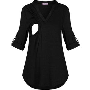 Joymom Maternity Rolled Long Sleeve Nursing Tops Tunic Blouses Breastfeeding (Large, Black)