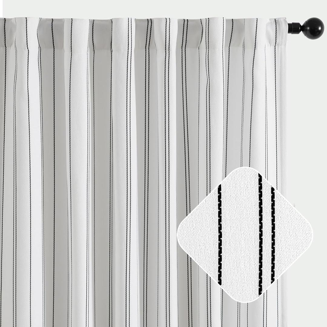 jinchan White Curtains Black Striped Curtains 84 Inch Length for Living Room Bedroom Window Treatment Modern Linen Look Ticking Stripe Pinstripe Privacy Light Filtering Back Tab Rod Pocket, 2 Panels