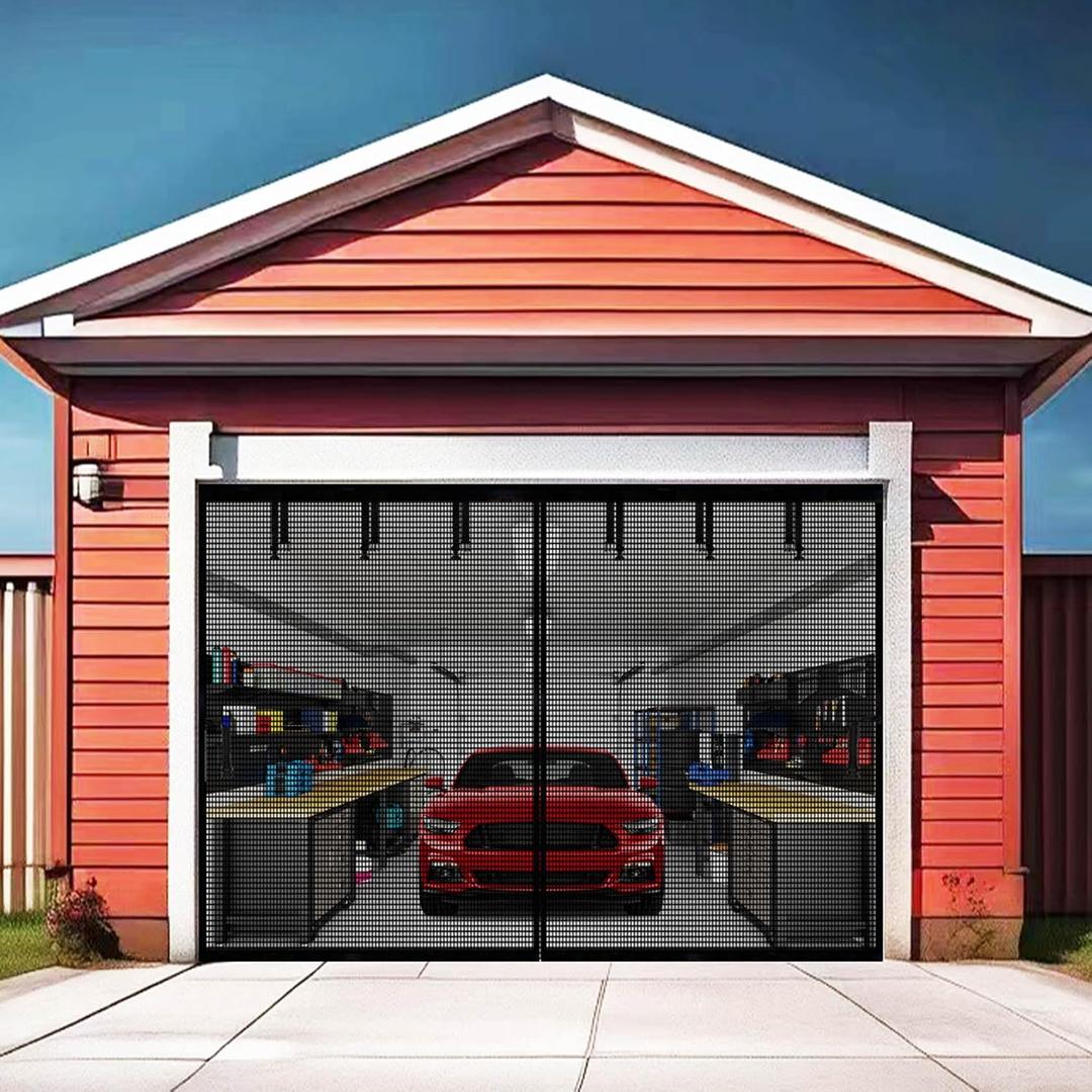 Premium Garage Door Screen for 1 or 2 Car Garage 14x8ft, Heavy Duty Durable Fiberglass Screen Mesh, Hook & Loop Tapes, Strips, Doors Screen with Powerful Magnets, Easy to Install (14x8 Black)