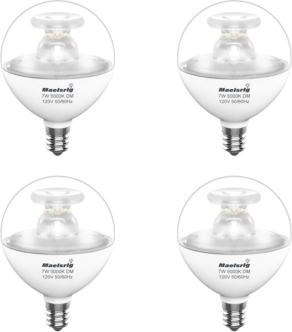 G16.5 Light Bulb LED, 60W Equivalent, Small Round Light Bulbs, E12 Candelabra Base, Dimmable, Daylight 5000K, 7W 600 Lumens, Type G Light Bulb, Clear Glass, Pack of 4