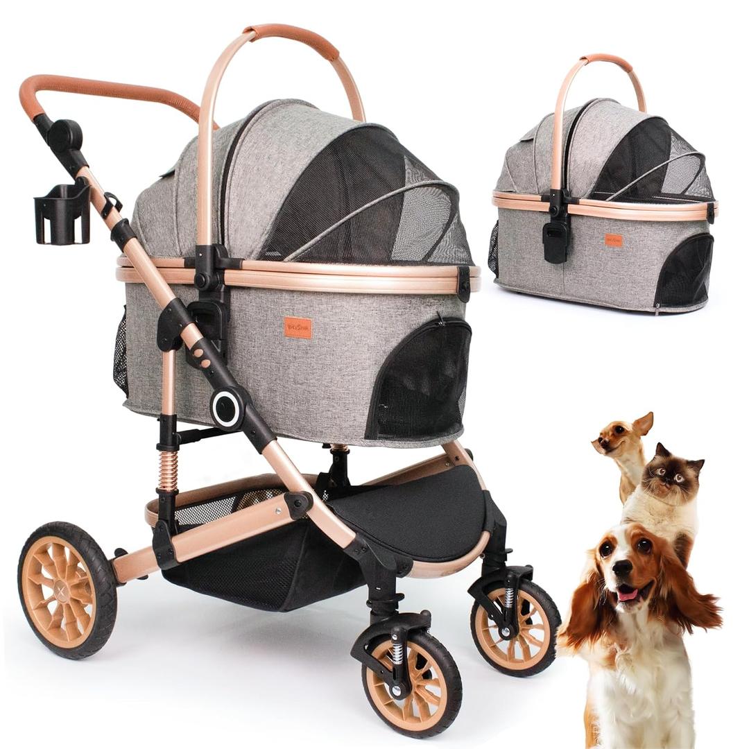 Bicystar Pet Stroller for Medium Dogs, Smooth-Ride Dog Stroller with Detachable Carrier, Rubber Wheels, Car Seat Combo 3-in-1, Up to 50 lbs, for Senior Dogs & Cats, Grey