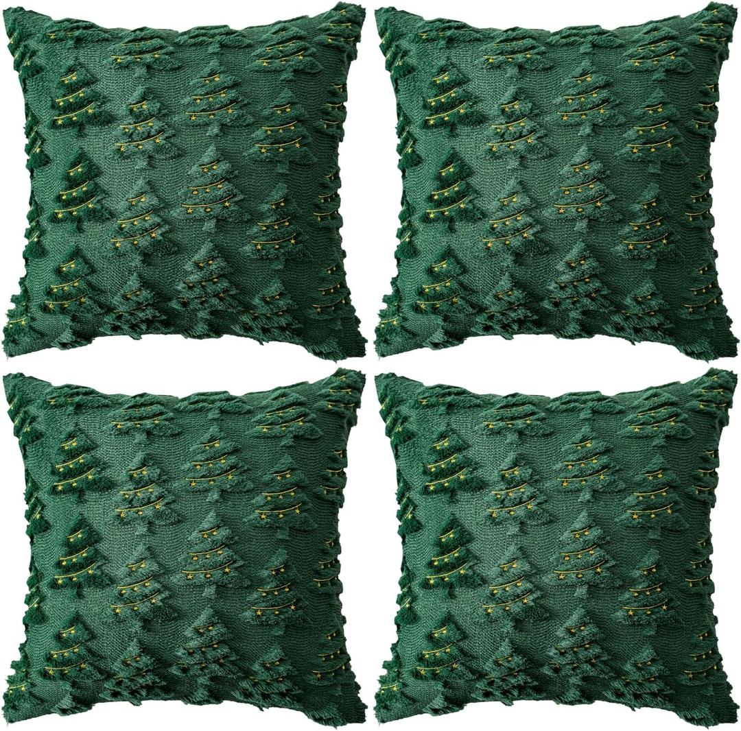 4 Pack Christmas Throw Pillow Covers 18x18, Soft Faux Fur Pillow Cases Holiday Decorations, Fluffy Plush Accent Couch Cushion Case for Festivals Winter Sofa Living Room Home Decor (Green Tree)