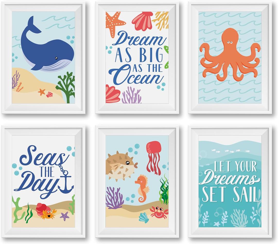Hadley Designs 6 Ocean Wall Decor - Beach Room Decor for Toddlers, Seahorse and Whale Pictures Wall Decors for Kids, Reversible Unframed Ocean Art for Kids Bedroom, Made in USA