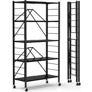 5 Tier Foldable Storage Shelves, Expandable Folding Shelving Units with Wheels, Changeable into 2 Shelf Units, Collapsible Adjustable Storage Rack Metal Shelves for Storage, Pantry, Garage, Kitchen (Black)