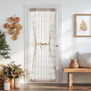 jinchan Belrose French Sheer Volie Door Curtain Embroidered Farmhouse Linen Curtain for Patio Door with Tie up Bows Light Filtering for Door Window Closet Rod Pocket 72 Inches 1 Panel Taupe on Beige