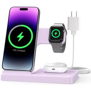 Wireless Charger Stand Charging Station: 3 in 1 Charger Multiple Devices for Apple iPhone 17 16e 16 15 14 Pro Max 13 12 11 for Watch 11 10 9 8 7 6 5 4 3 2 SE and Ultra & Airpods Series, Light Violet