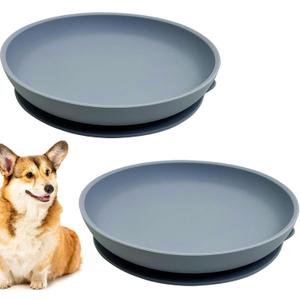 Silicone Dog Bowl Set of 2-7.7in No Spill Puppy Food and Water Dish Less Mess Cat Plates with Suction Cup Non-Tippable Feeding Bowls for Small & Medium-Sized Pets (Round Blue)