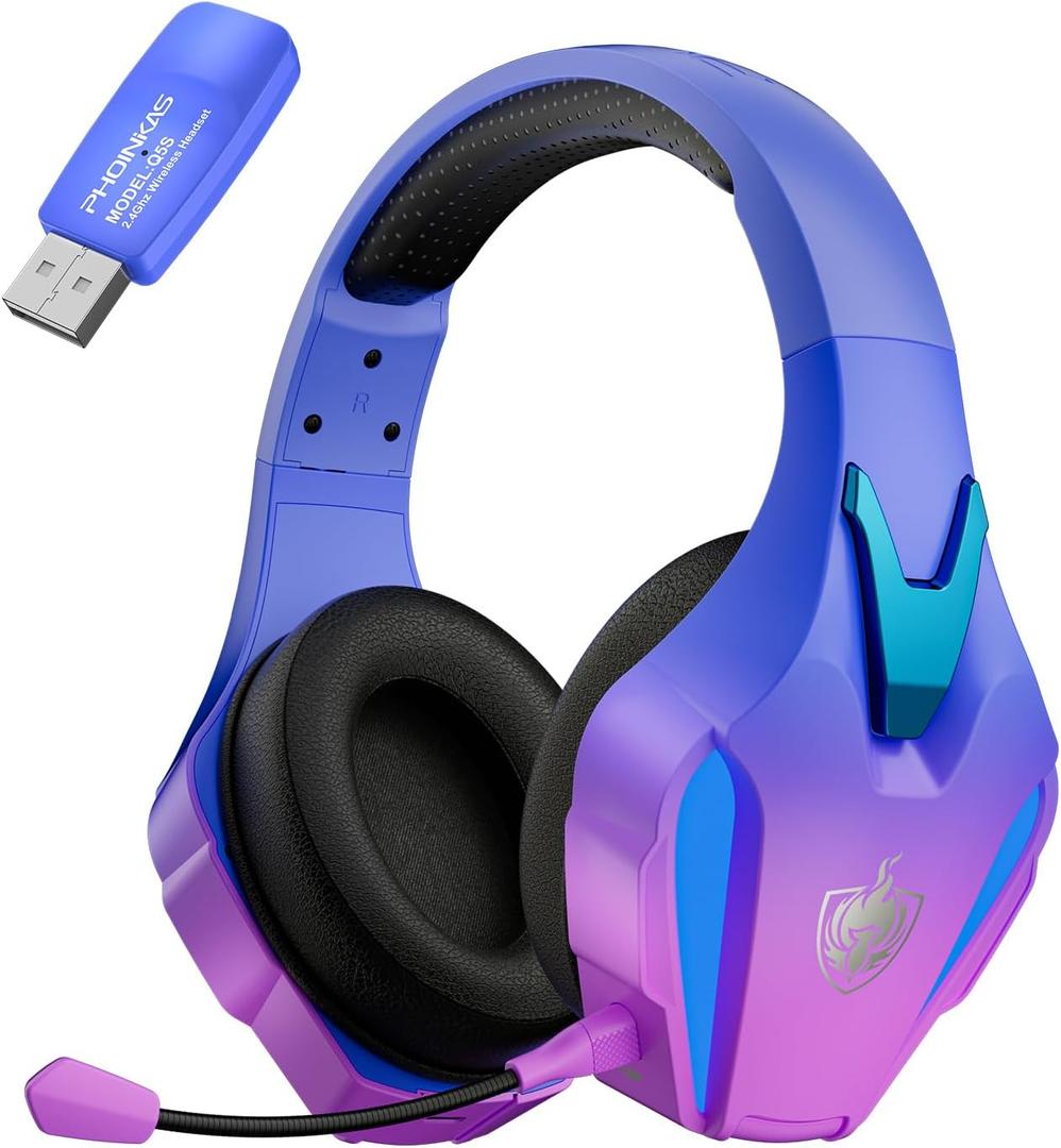 PHOINIKAS Wireless Gaming Headset, 2.4G Gaming Headset for PS4 PS5 PC, Over Ear Headphones with Detachable Mic, 7.1 Stereo Sound, 3.5mm Wired Gaming Headset for Xbox One/ Phone - Violet
