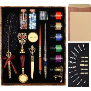 Quill Feather Pen and Ink Set, Calligraphy Pen Glass Dip Pen and Wax Seal Stamp Kit (Black)