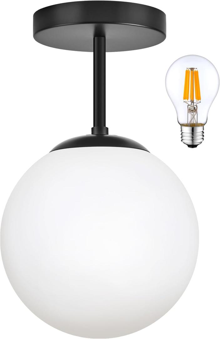 Globe Semi Flush Mount Ceiling Light, Mid Century Modern Light Fixture Ceiling, Milk Glass with Matte Black Finish, Living Room Kitchen Bedroom Hallway Storage Schoolhouse Laundry(LED Bulb Incl.)