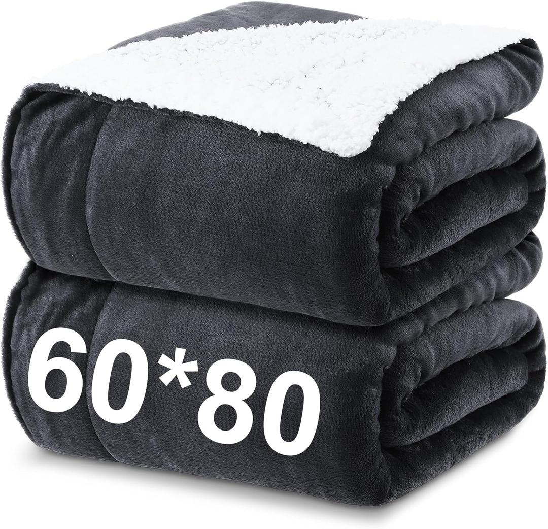 Newwiee 2 Pack 60 x 80'' Sherpa Fleece Throw Blanket Sherpa Plush Blanket Soft Fluffy Thick Flannel Throw Blankets Twin Size Winter Warm Blankets for Bed Sofa Couch(Dark Grey)