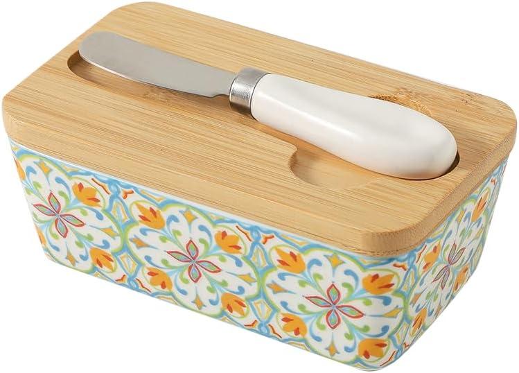 Howise Butter Dish with Lid, Large Butter Dish for Countertop, Ceramic Butter Keeper Container with Knife and Silicone Sealing Butter Box for Home Decor Good Kitchen Gift RetroA