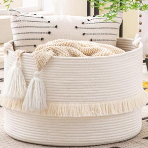 KAKAMAY Large Blanket Basket (20"x13"), Woven Baskets for storage Baby Laundry Hamper, Cotton Rope Blanket Basket for Living Room, Laundry, Nursery, Pillows, Baby Toy chest (White)