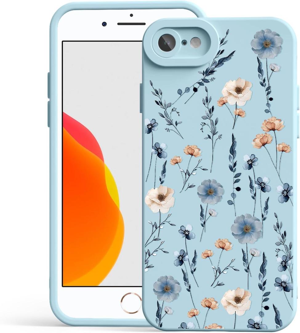 Case Compatible with iPhone SE/7/8, Cute Pretty Print Protective Silicone Case for Girls Women, Ultra-Thin Shockproof Soft Girly Phone Cover for iPhone SE/7/8 - Blue Wildflowers